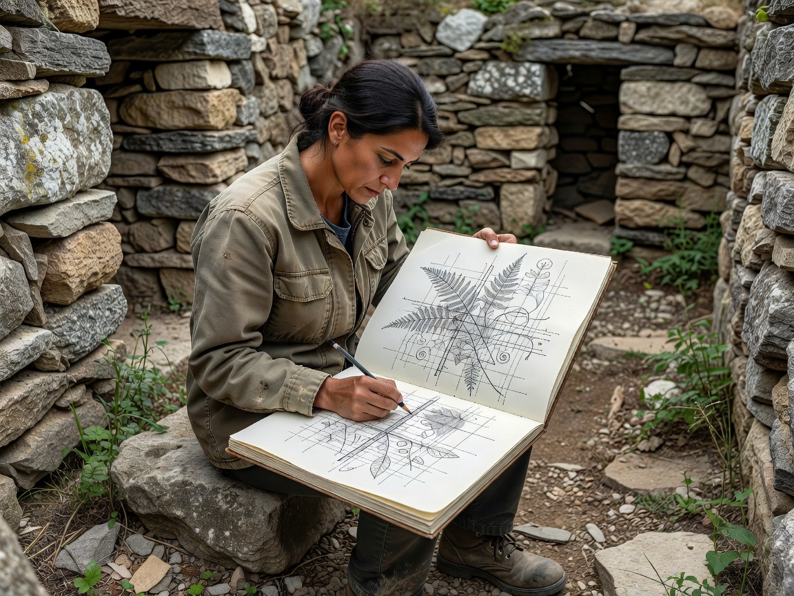 Alessia Moretti sketching complex architectural plant coordinates on location inside dry-stone garden site