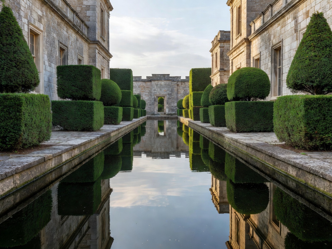 Classic symmetrical stone masonry reflection pond flanked by structured architectural topiary boxwoods