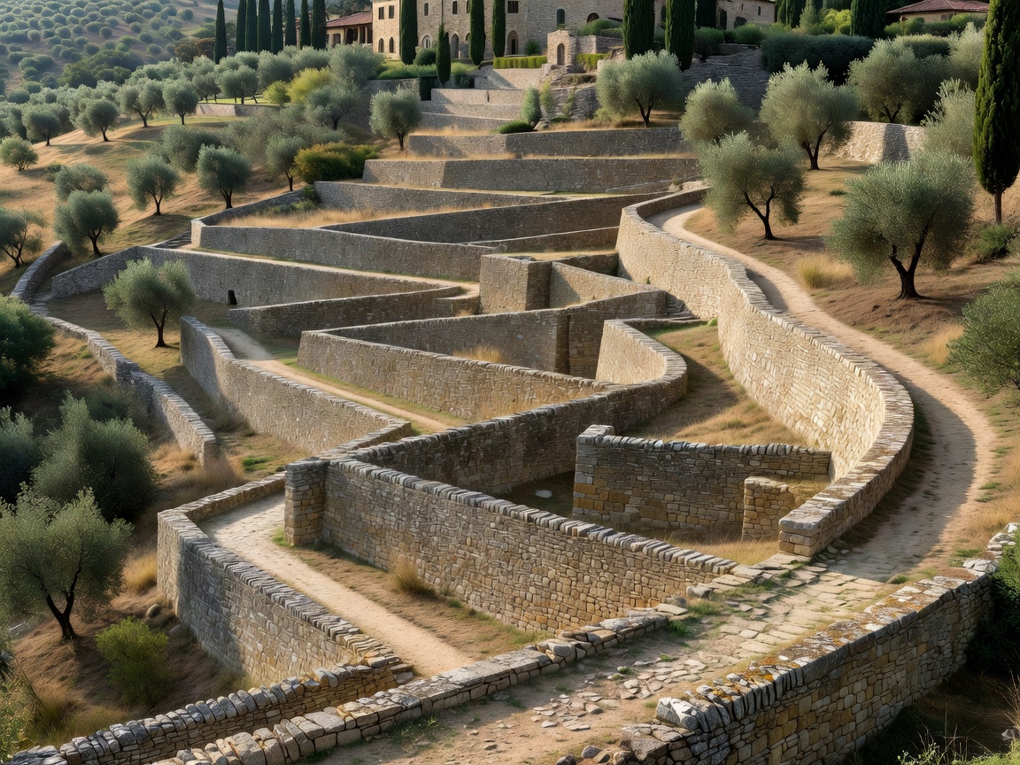 Detailed geometric dry-stone retaining wall pathways that outline historic slopes on Tuscan private estate