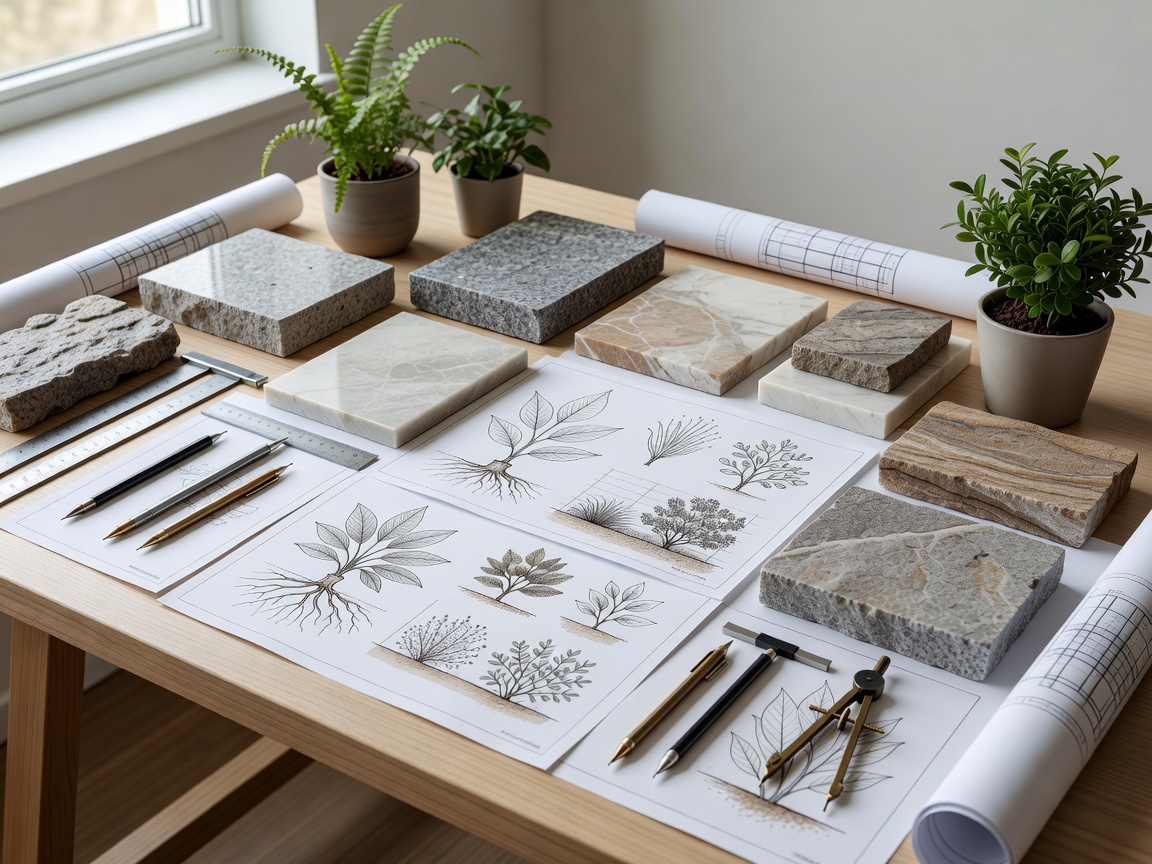 Detailed landscape design office materials featuring stone samples, plant diagrams and drafting tools