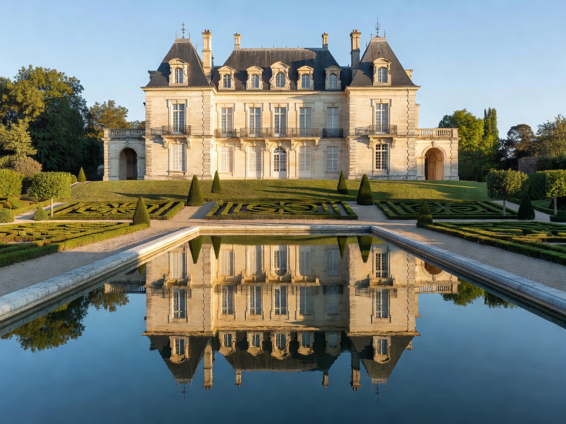 Formal French style residential estate overlooking classical reflection pool