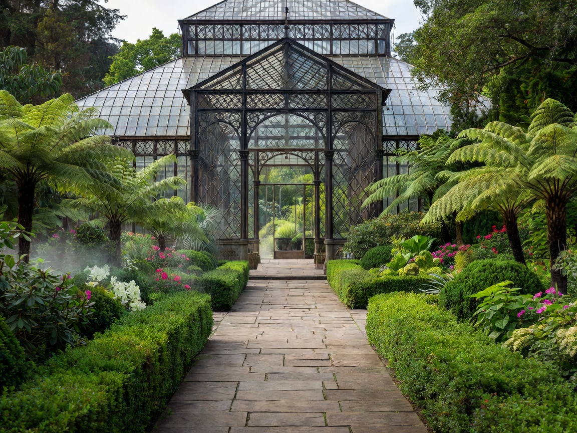 Lush glasshouse architectural estate garden walkway with historic geometric lines