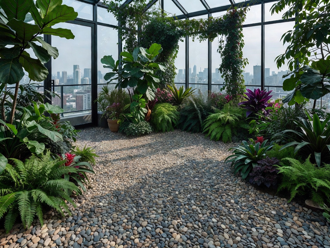 Lush urban conservatory penthouse terrace with textured gravel ground covers
