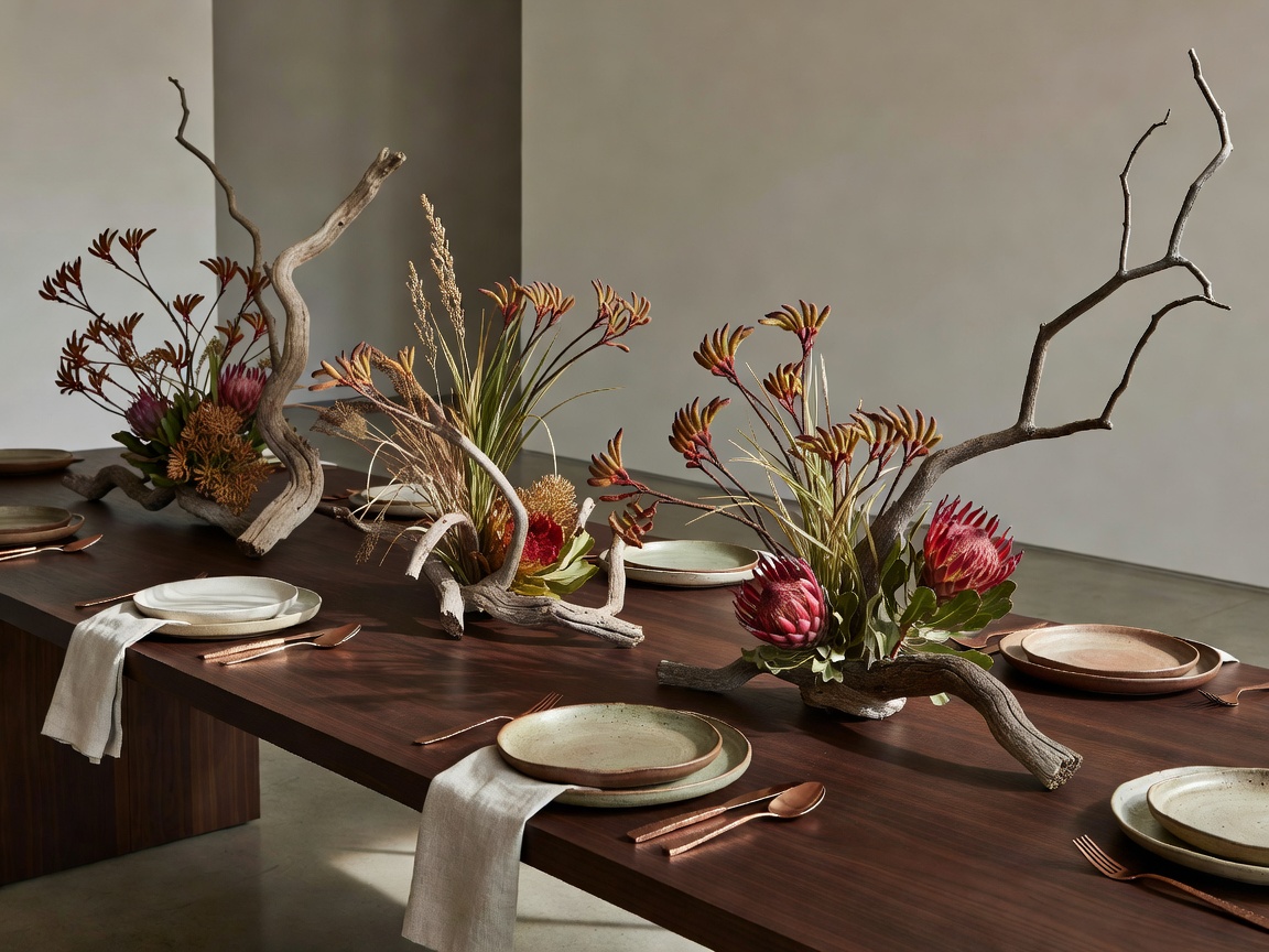 Masterfully curated architectural table settings featuring native structural floristry