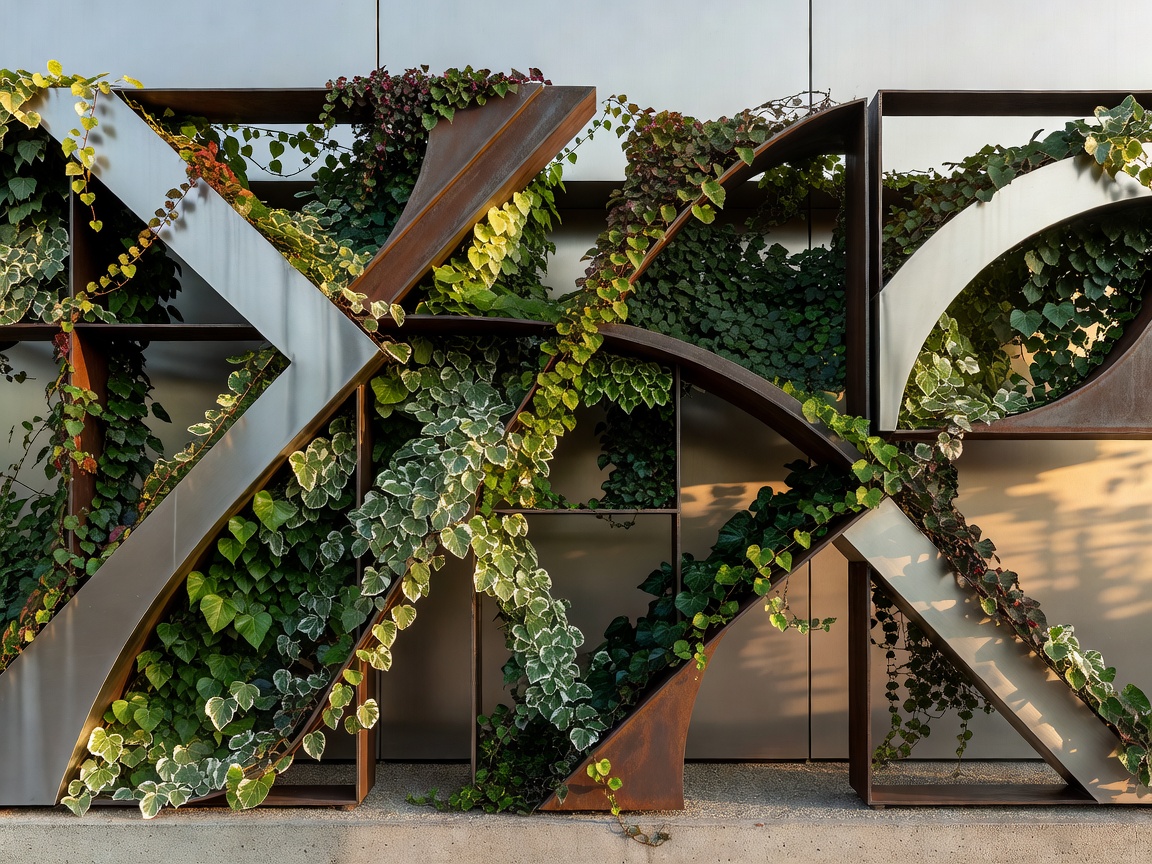 Sculpted contemporary metal frameworks holding organic climbing ivy variations