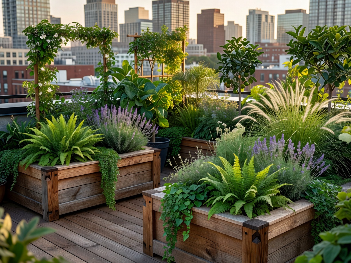 Stunning urban loft rooftop botanical oasis with natural wood details