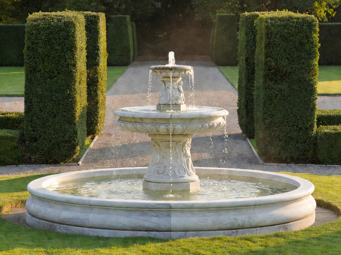 Symmetric classical water fountain framed with structural topiary boxwoods