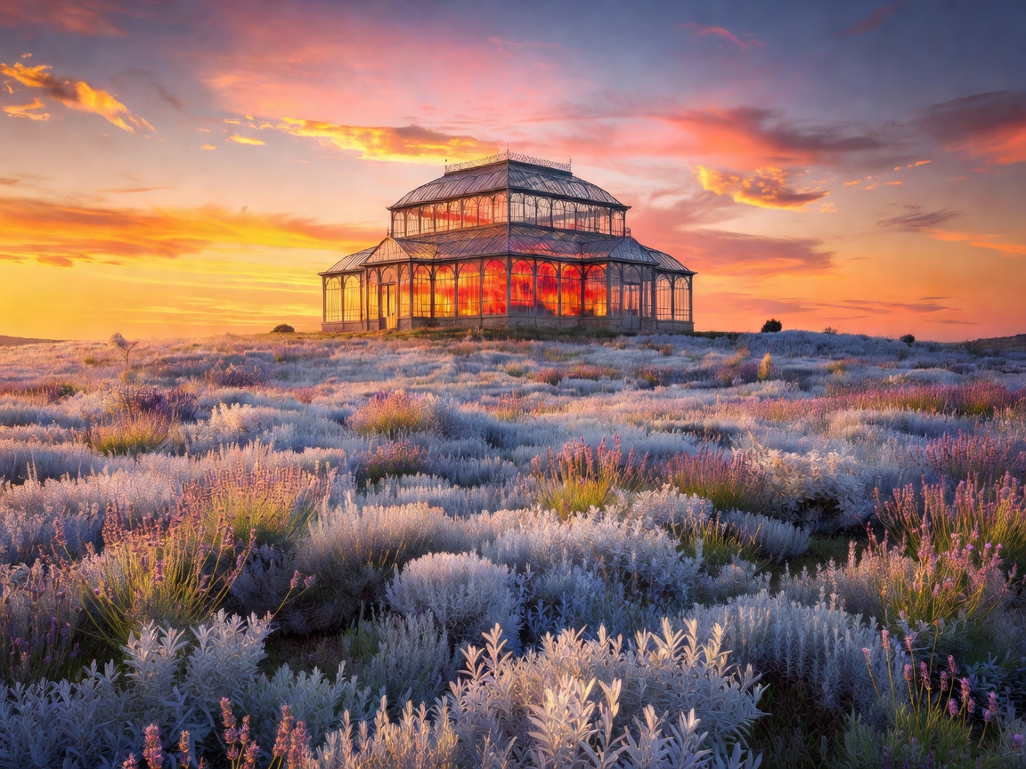 Vibrant perspective of the central glasshouse conservatory at sunset, nestled within silver-leaved Tuscan meadows